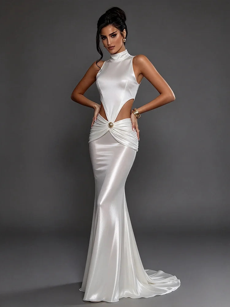 Cut-out Mock Neck Ruched Maxi Dress