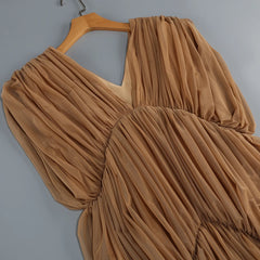 Brown V-Neck Draped Tiered Folds Maxi Dress