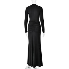 Long Sleeve Turtleneck Drape Tie Up Waist Detail Maxi Dress