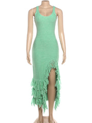 Scoop Neck Sleeveless Tassel Hem Knit Sheath Mid-Calf Dress