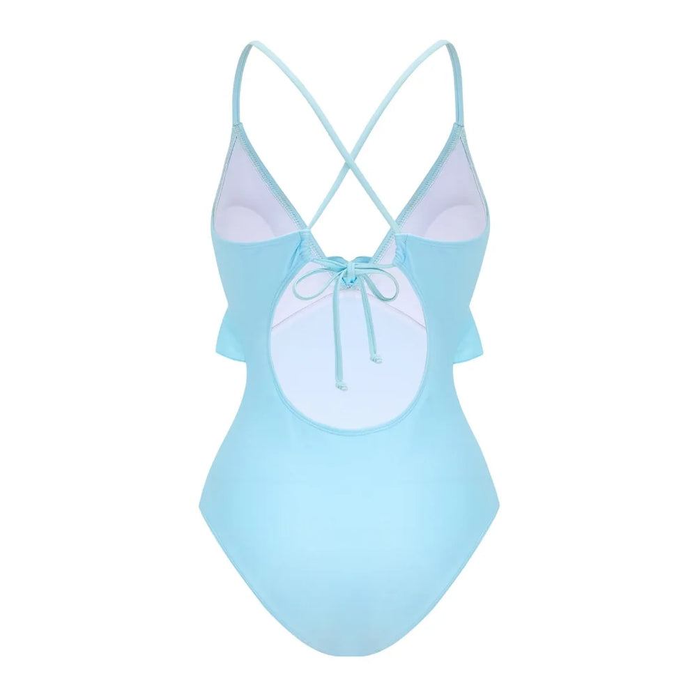 Back view of a light blue one-piece swimsuit with crisscross straps