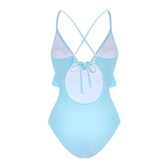 Back view of a light blue one-piece swimsuit with crisscross straps