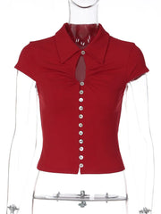 Collared Button-Front Cutout Knit Top