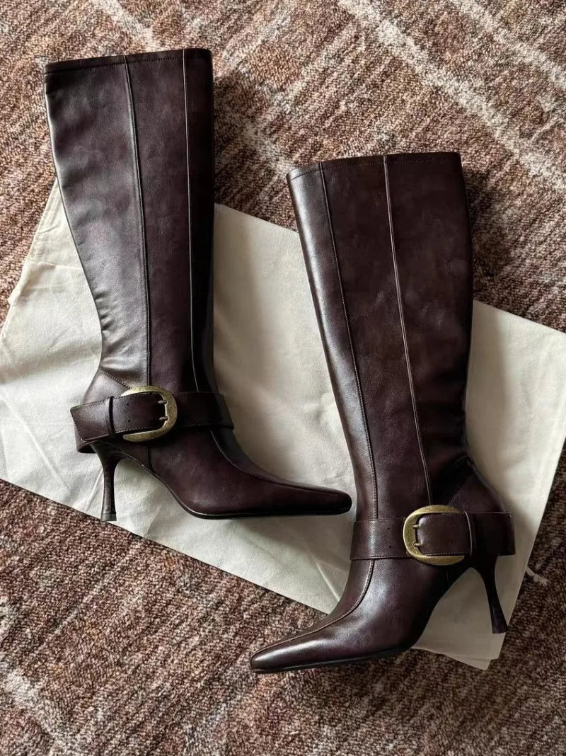 Close-up of pointed toe stiletto heel knee high boots with buckle.