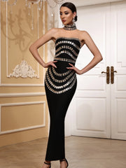 Black strapless beaded maxi dress.