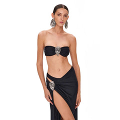 Halter Neck Plunge One-Piece Swimsuit and High-Slit Wrap Skirt Set