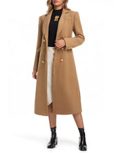 Woman wearing a long beige coat with gold buttons