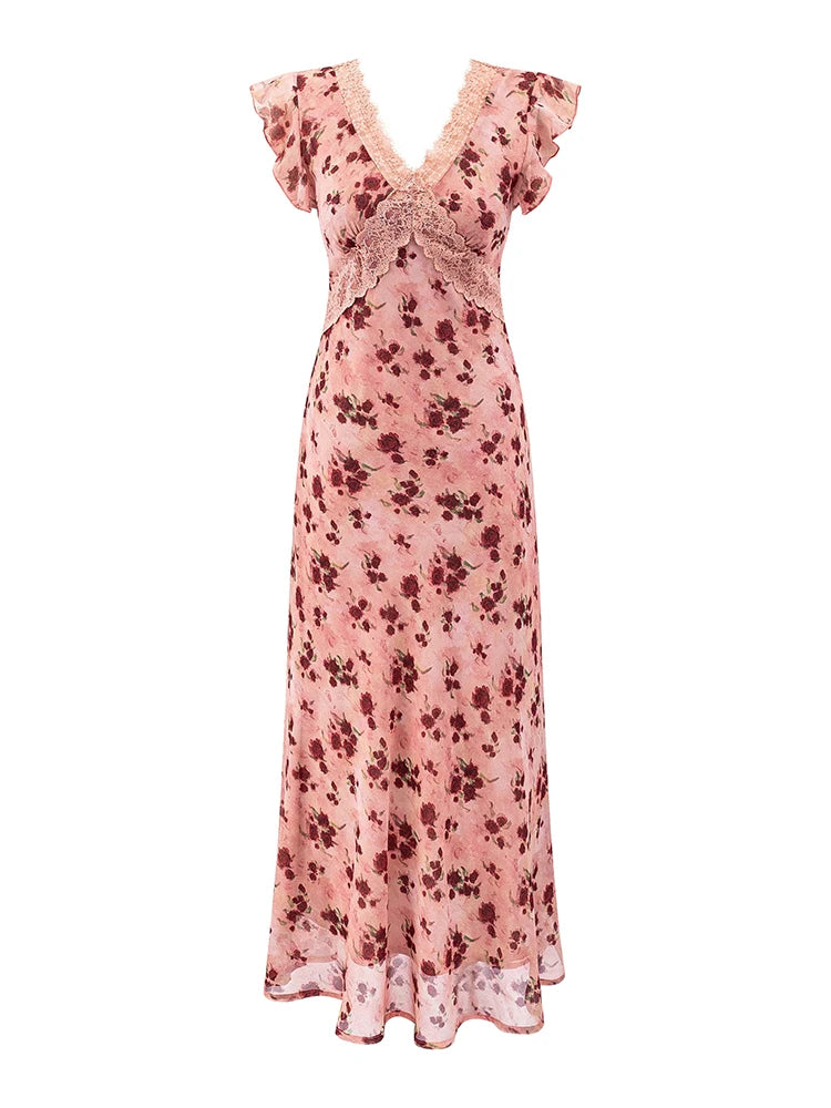 A pink floral print ankle-length A-line dress with lace trim and flutter sleeves, displayed front view.
