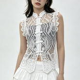 Floral lace sleeveless top with mandarin collar and frog buttons