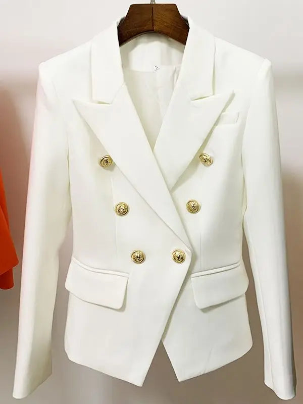 White double-breasted blazer with gold lion buttons and notched lapels.