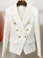 White double-breasted blazer with gold lion buttons and notched lapels.
