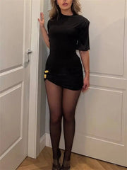 Black Short Sleeve Ruched With Gold Button Mini Dress