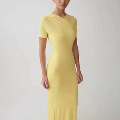 Ruched Cross Neck Short Sleeve Maxi Dress