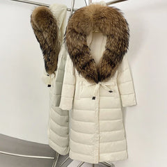 White puffer coat with brown fur hood on a white background