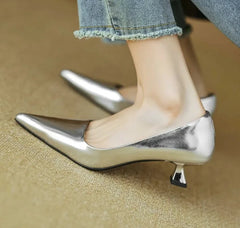 Thin Med Heels Pointed Toe Leather Pumps Office Lady Shoes