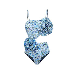 Floral print one-piece swimsuit with floral appliques and cutouts