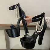 Chunky heel platform sandals with chain and pearl embellishments