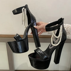 Chunky heel platform sandals with chain and pearl embellishments