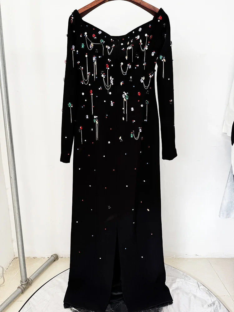 Beaded Slash Neck Maxi Dress on a hanger detail