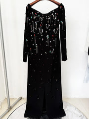 Beaded Slash Neck Maxi Dress on a hanger detail