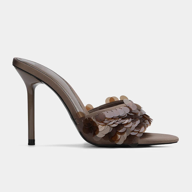Profile view of sequin embellished stiletto heels