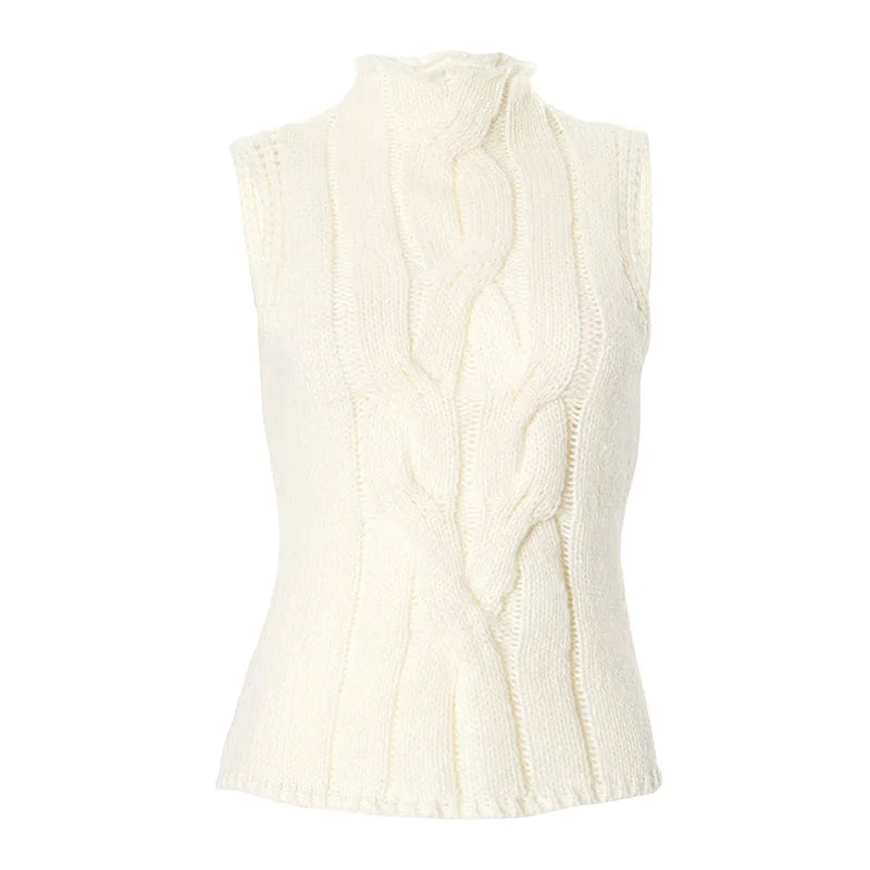 White cable knit sleeveless sweater on a white background
