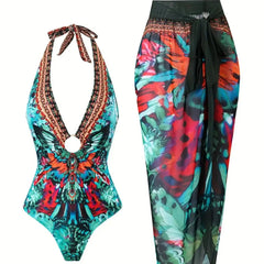 One-Shoulder Swimsuit with Oversized Flower Detail and Matching Printed Sarong Set