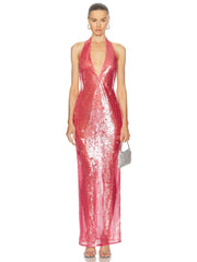 Pink halter deep V neck sequin gown styled for evening