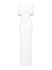 Draped O-Neck Metal Pin Ruched Waist Maxi Dress