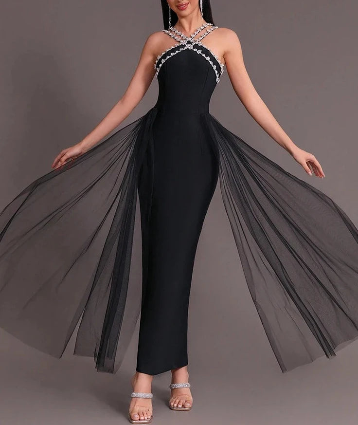 Diamond Details Sleeveless Tight Long Elegant Party Dress