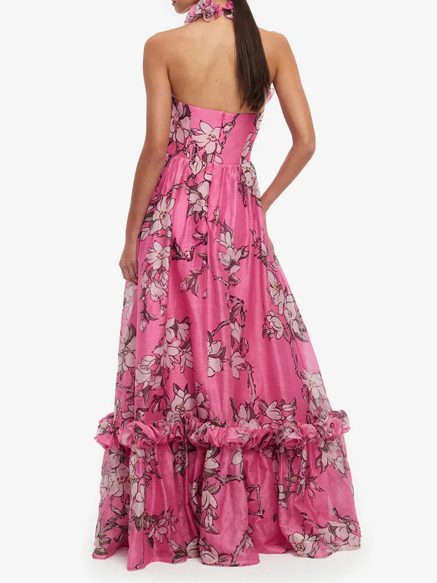 Back view of floral print halter maxi dress