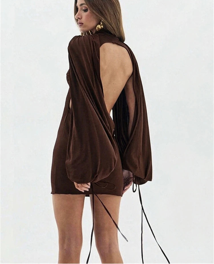 Brown puff sleeve turtleneck mini dress