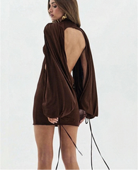 Brown puff sleeve turtleneck mini dress