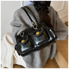 Microfiber Leather Vintage Pocket Satchel – Black & Burgundy