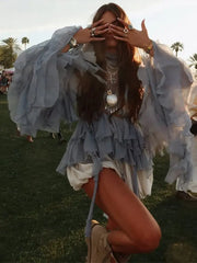 Airy two-piece chiffon outfit with layered ruffle detailing