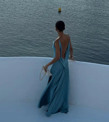 Satin Frill Open Back Strap Maxi Dress