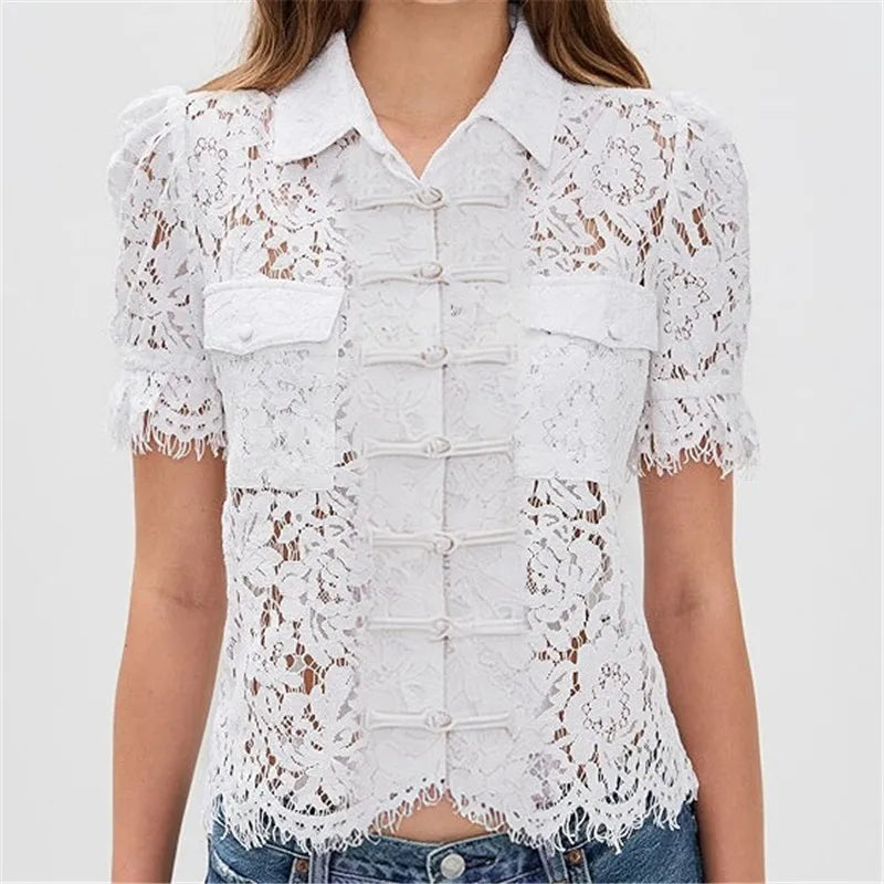 White lace mandarin collar frog button puff sleeve shirt