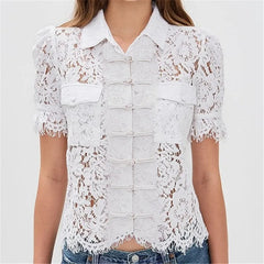 White lace mandarin collar frog button puff sleeve shirt