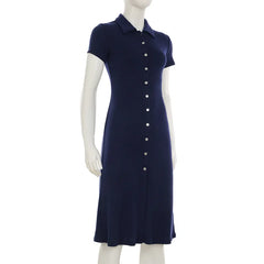 Navy blue dress on a mannequin against a white background