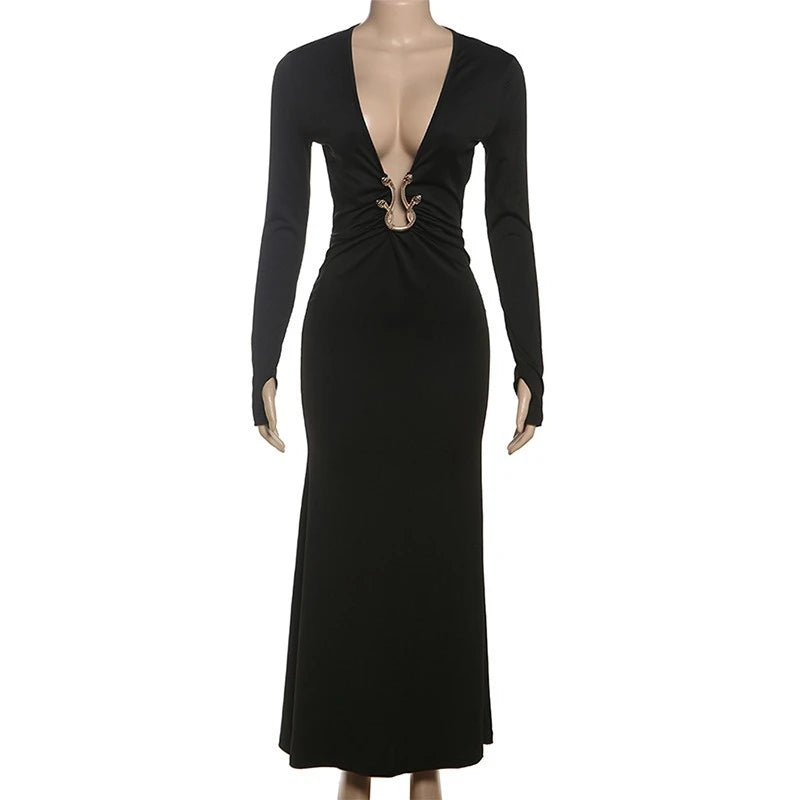 Black long-sleeve dress with a deep neckline on a mannequin