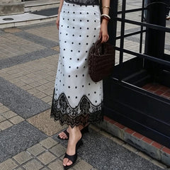 Floral Polka Dot Lace Trim Maxi Skirt