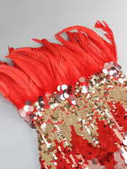 Red & Gold Feather Sequin Patchwork Strapless Gown