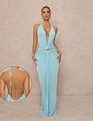 Velvet Plunging Halter Drape Gown