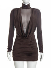 Mesh Patchwork Turtleneck Cowl Neck Mini Dress