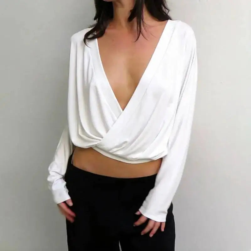 Deep V-neck Draped Crop Top in white