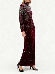 Sequin Beaded High Neck Long Sleeve Maxi Dress