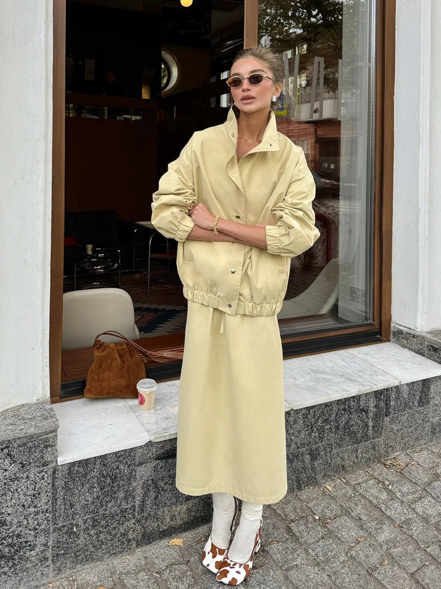Yellow utility jacket and midi skirt set