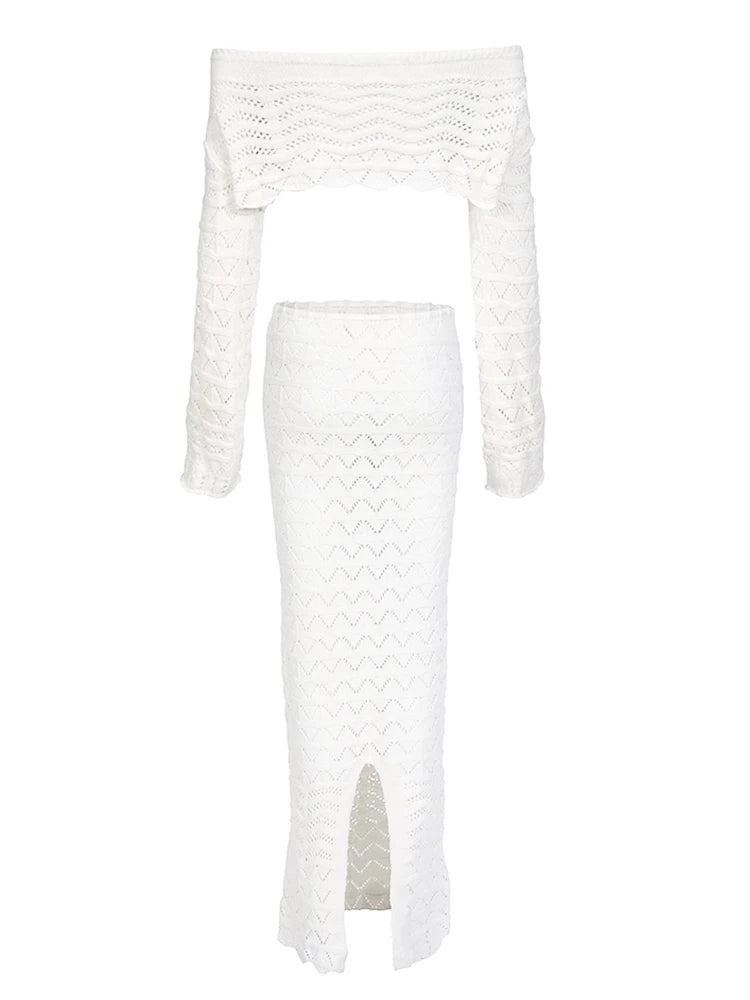White lace top and skirt set on a white background