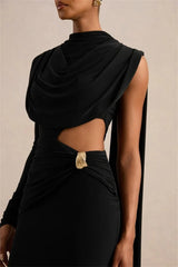 High Neck One Long Sleeve Draped Cutout Waist Maxi Dress