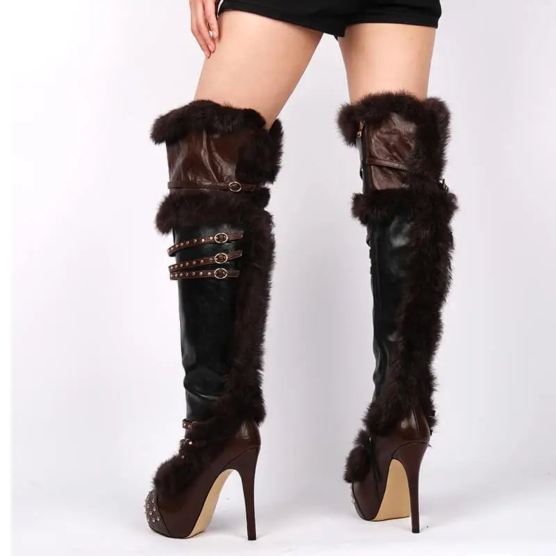 Model wearing over the knee fur trim platform boots